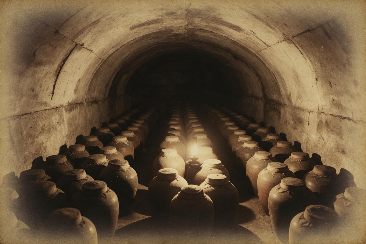 Reconstructed scene of an underground cellar and clay jars